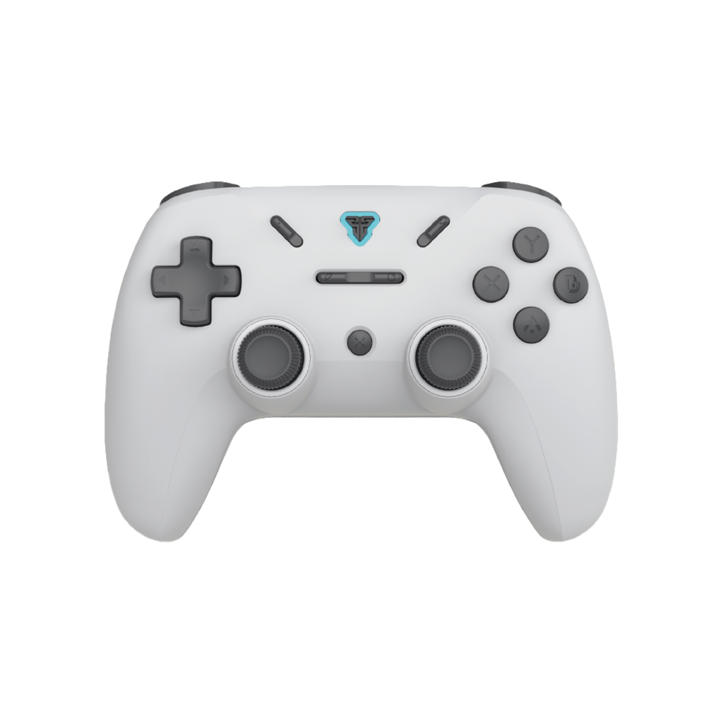 White gaming controller with gray buttons on a white background